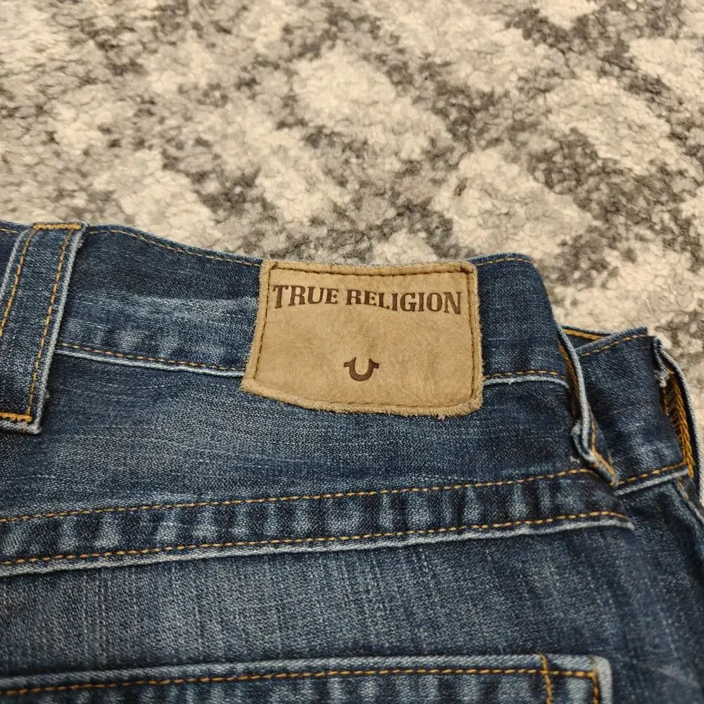 True Religion Ricky Relaxed Straight Jeans Men's 38 Flap Pocket Distressed Blue